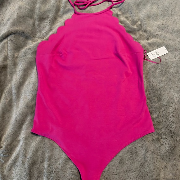 Express Tops - Pink Scalloped Halter Bodysuit